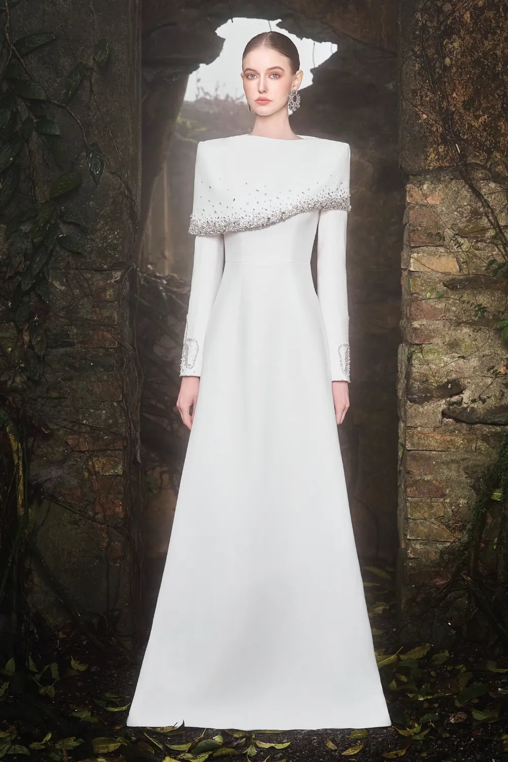 Diagonal Crystal-Embellished Shoulder A-Line Dress